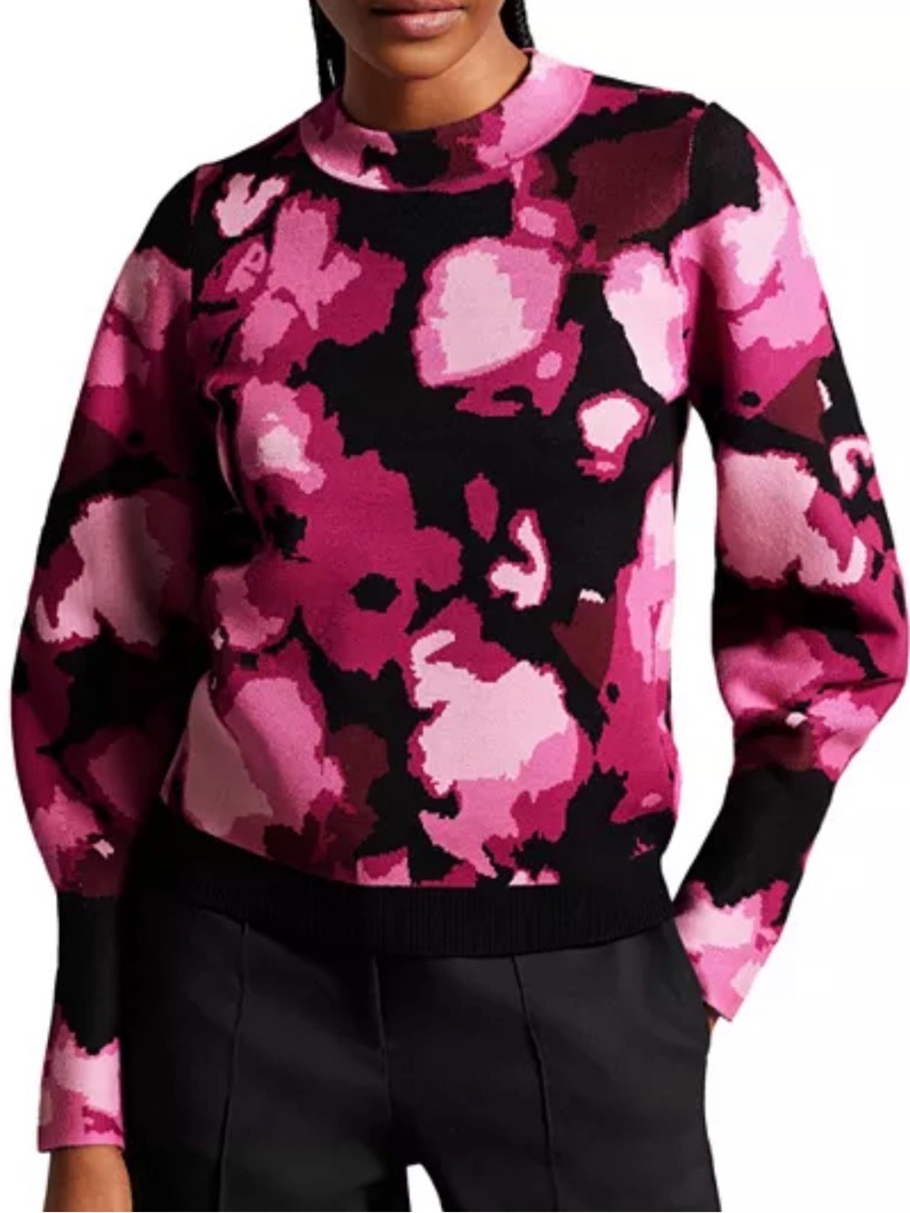 Ted Baker Marsiia Pink Floral Print Crewneck Sweater Mock Neck
